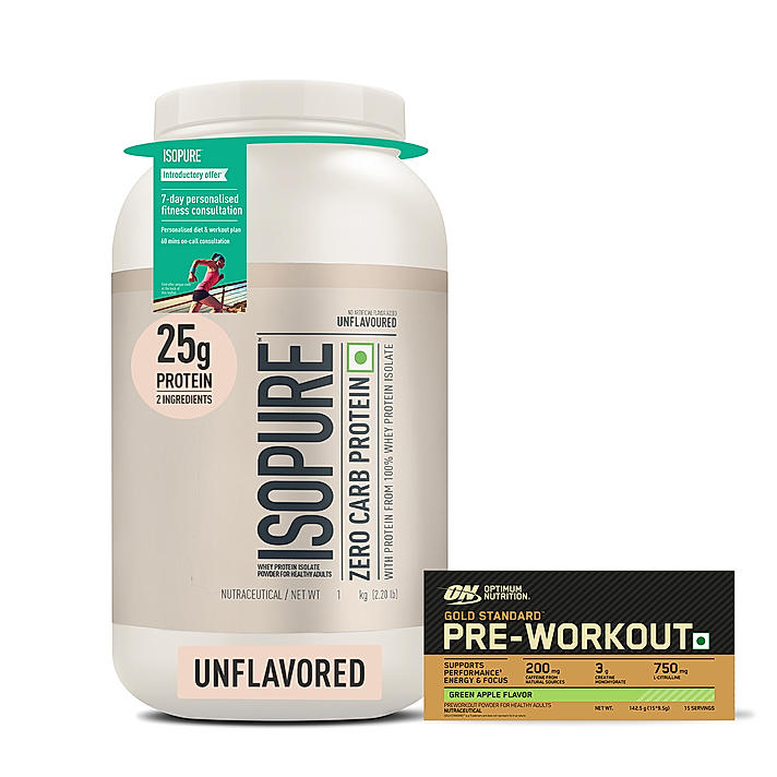 Isopure Zero Carb Protein– 2.20 lbs, 1 kg (Unflavoured) and Optimum Nutrition (ON) Gold Standard Pre-Workout- 142.5g/15 single serve packs (Green Apple Flavor), For Energy, Focus, Power, Endurance & Performance