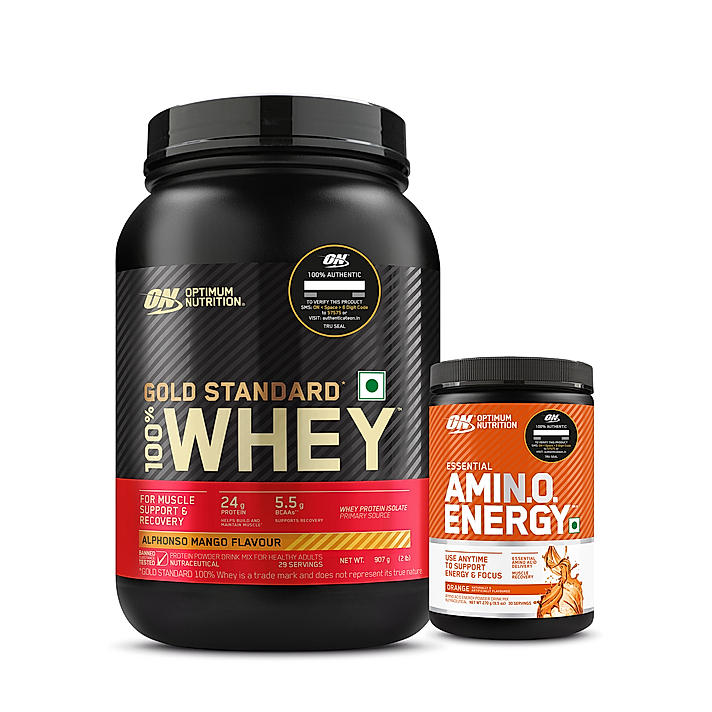 Limited Edition Optimum Nutrition (ON) Gold Standard 100% Whey Protein Powder 2 lb, 907g (Alphonso Mango) and Essential Amin.O. Energy | Orange | 270 g