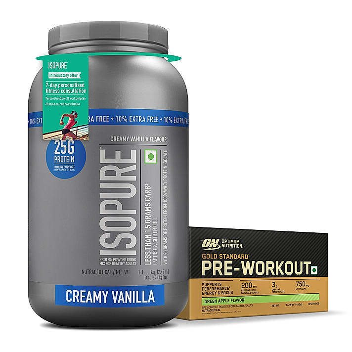 Isopure - Creamy Vanilla- 1Kg (Immune Support, Biotine) + 10% Extra Free and Optimum Nutrition (ON) Gold Standard Pre-Workout- 142.5g/15 single serve packs (Green Apple Flavor), For Energy, Focus, Power, Endurance & Performance