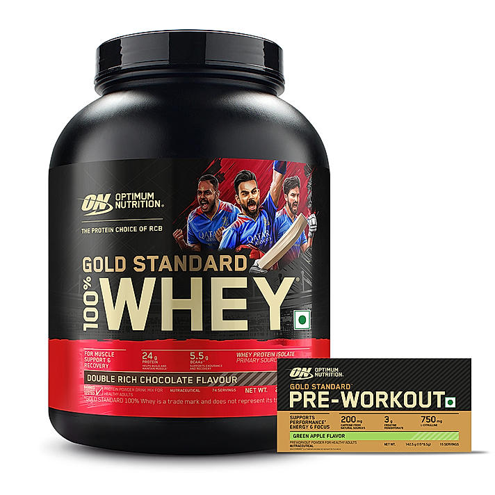 Gold Standard 100% Whey Protein Powder | Double Rich Chocolate | 5 lbs and Optimum Nutrition (ON) Gold Standard Pre-Workout- 142.5g/15 single serve packs (Green Apple Flavor), For Energy, Focus, Power, Endurance & Performance