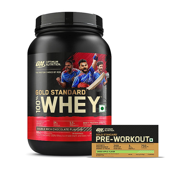 Optimum Nutrition (ON) Gold Standard Pre-Workout- 142.5g/15 single serve packs (Green Apple Flavor), For Energy, Focus, Power, Endurance & Performance and Gold Standard 100% Whey Protein Powder | Double Rich Chocolate | 2 lbs