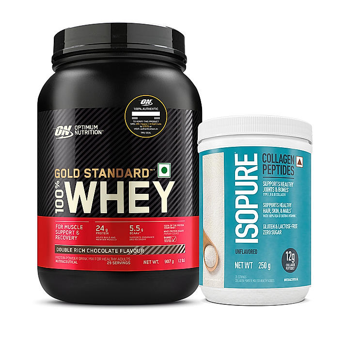 Gold Standard 100% Whey Protein Powder  Double Rich Chocolate 2 lbs + Isopure Collagen Peptides 250g