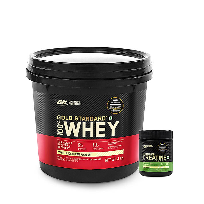 Gold Standard 100% Whey Protein Powder | Vanilla Ice Cream | 4 kg and Micronized Creatine Powder | Unflavoured|100 g