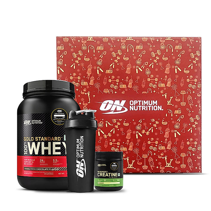 Gains Pro Gift Box - Gold -  Standard 100% Whey Protein Powder Double Rich Chocolate 2 lb + Creatine 100 gm + Free Optimum Nutrition Festive Shaker