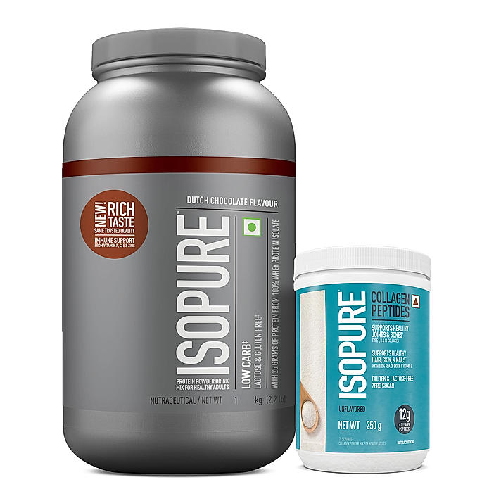 Isopure Low Carb Whey Protein Isolate Powder | Dutch Chocolate | 1 Kg + Isopure Collagen Peptides (12g/serve) with Type I,II & III Collagen (Unflavoured)- 250g