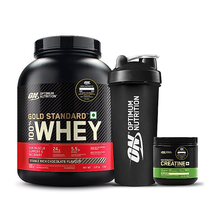 Muscle Gain Mega Combo - Gold Standard 100% Whey Protein Powder Double Rich Chocolate 5 lbs + Creatine 250 gm + Free Optimum Nutrition Shaker