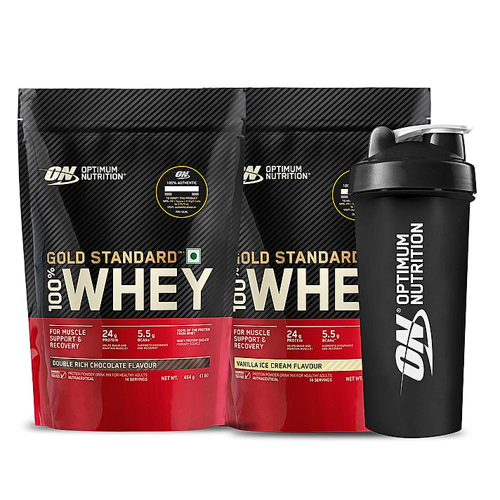 Flavor Combo - Gold Standard 100% Whey Protein Powder  Double Rich Chocolate 1 lb +Gold Standard 100% Whey Protein Powder Vanilla 1 lb +  Free Optimum Nutrition Festive Shaker