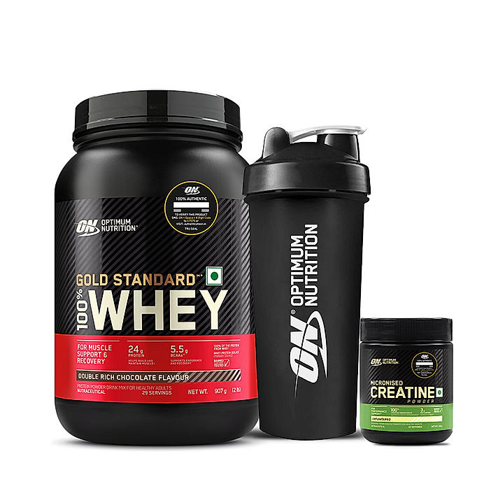 Muscle Gain Mini Combo - Gold Standard 100% Whey Protein Powder  Double Rich Chocolate 2 lb + Creatine 100 gm + Free Optimum Nutrition Shaker