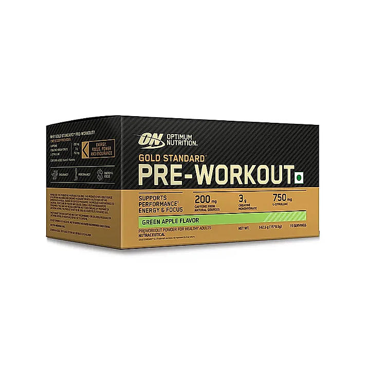 Optimum Nutrition (ON) Gold Standard Pre-Workout- 142.5g/15 single serve packs (Green Apple Flavor), For Energy, Focus, Power, Endurance & Performance