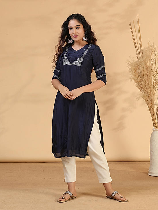 Dark blue muslin kurti with embroidery