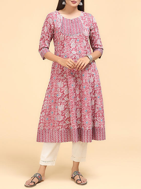 Pink 60's cotton kurti with print and hand work