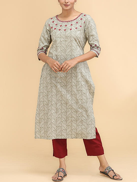 Beige 60's cotton printed kurti with embroidery