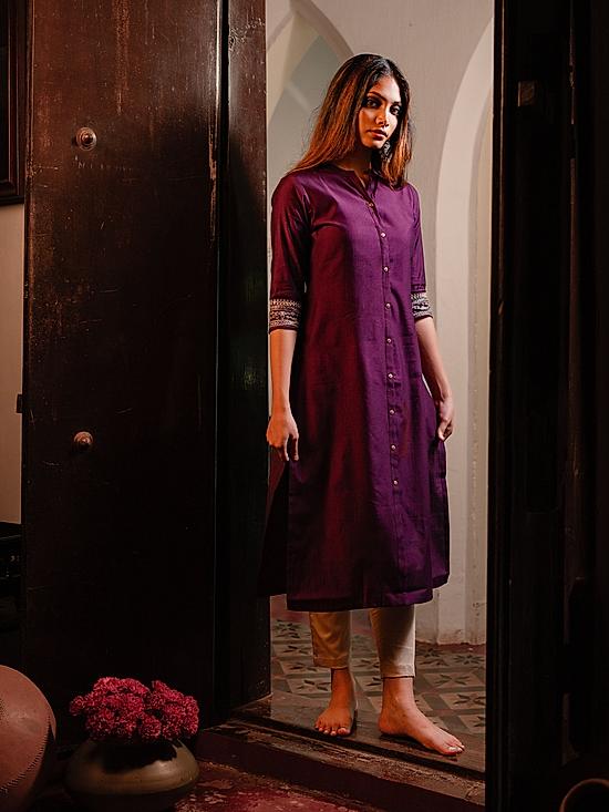 Dark purple denting viscose kurti with embroidery