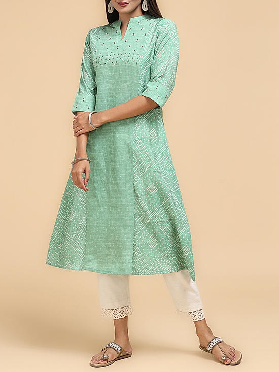 Aqua green modal chanderi kurti with print