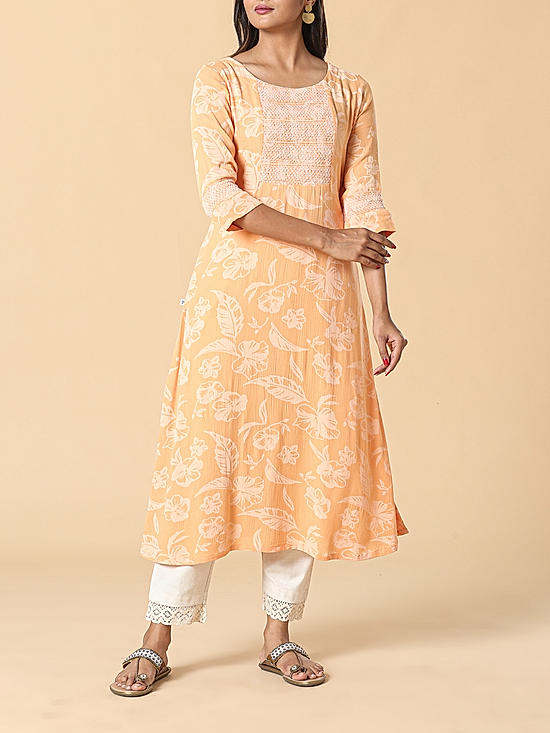 Yellow wrinkled rayon kurti with print