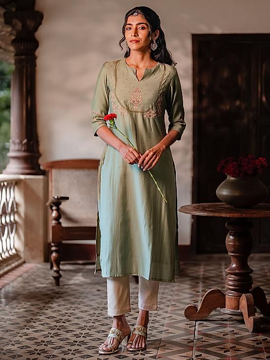 Pista green viscose slub kurti with embroidery