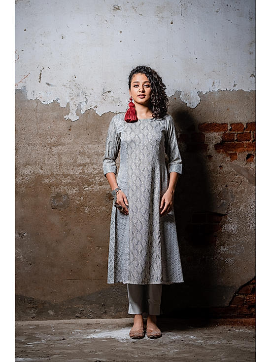 Grey Rayon Print Kurti with Foil Print