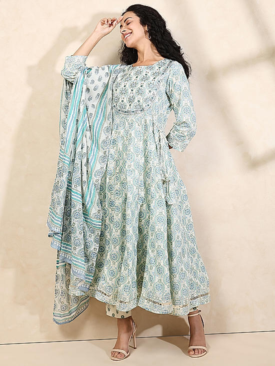 Off-White Printed Anarkali Kurta Set