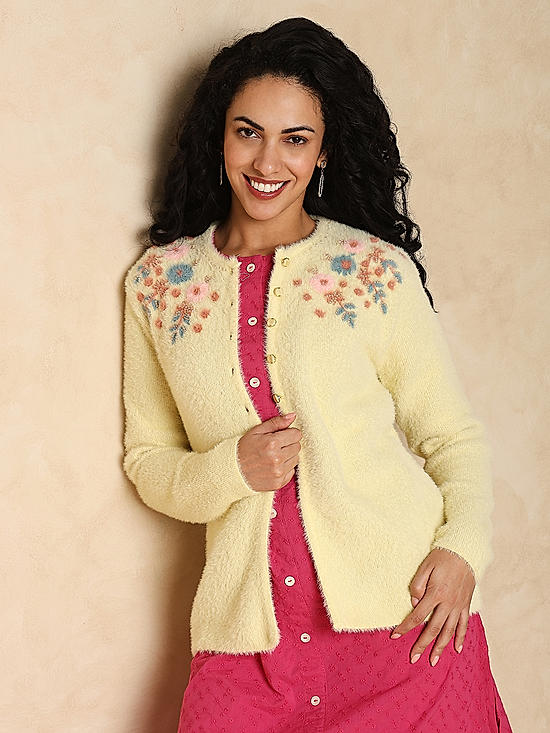 Cream Floral Embroidered Cardigan