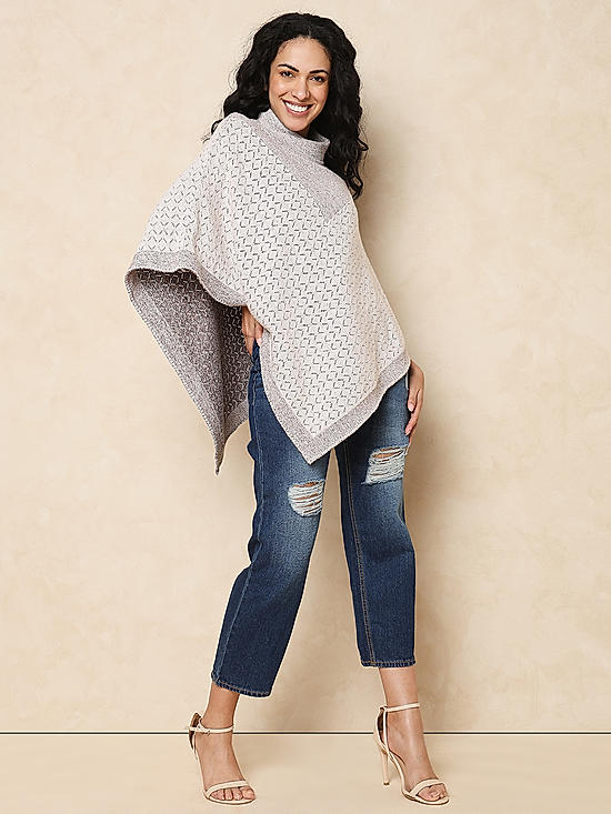 White Knitted High-Neck Poncho