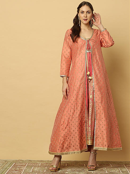 Coral Floral Print Kurta Jacket Set