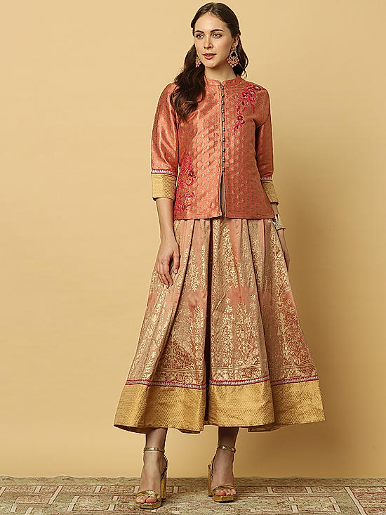 Rust Floral Kurta Jacket Set