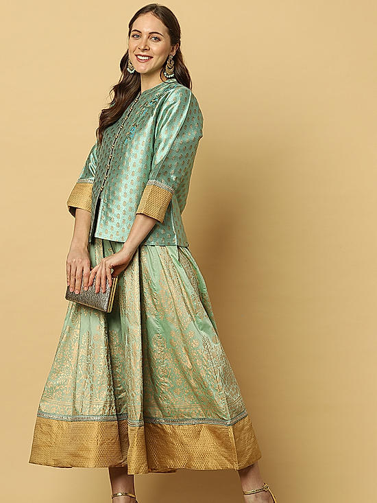 Sky Green Floral Kurta Jacket Set