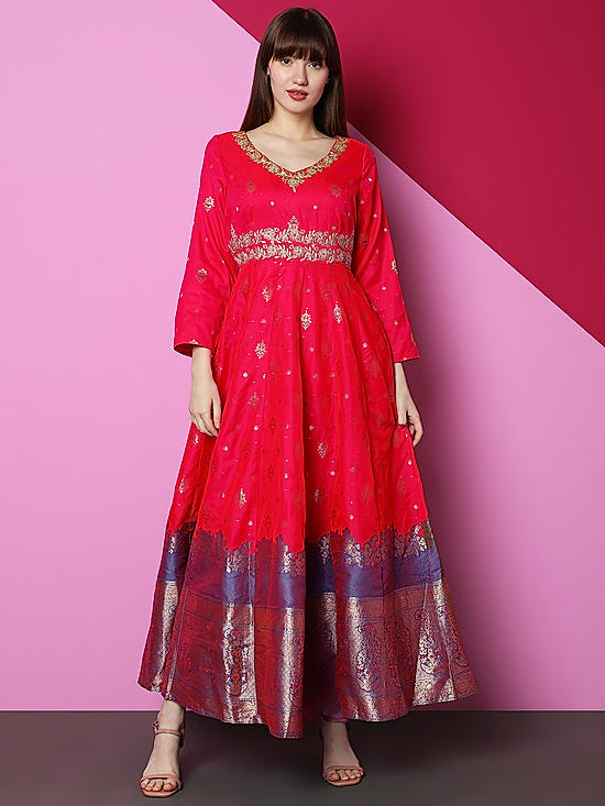 Navy Blue Embroidered Jacqaurd Dress