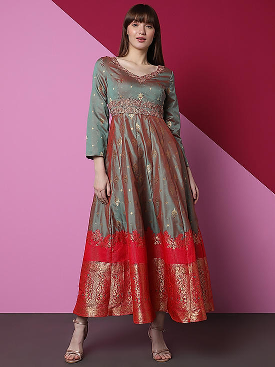 Sea Green Embroidered Jacqaurd Dress
