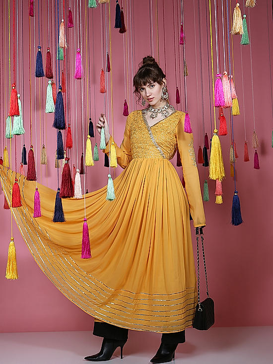 Mustard Embroidered Maxi Ethnic Dress
