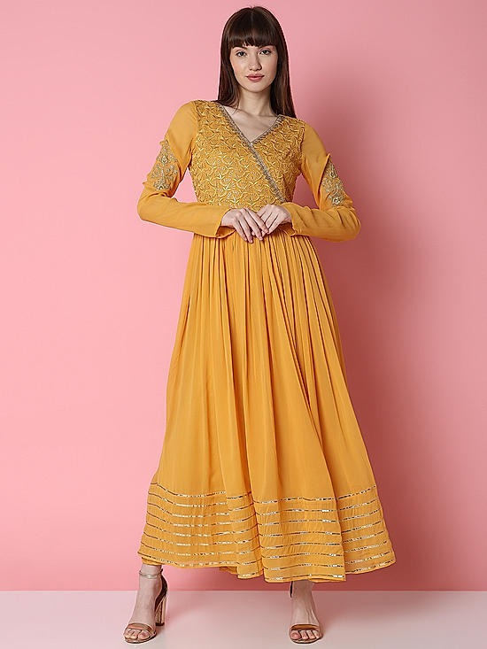 Mustard Embroidered Maxi Ethnic Dress