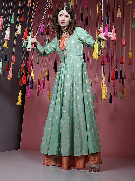 Green Embroidered Ethnic Maxi Dress