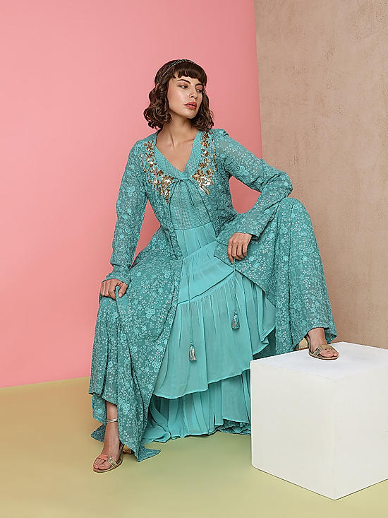 Blue Embroidered Ethnic Dress