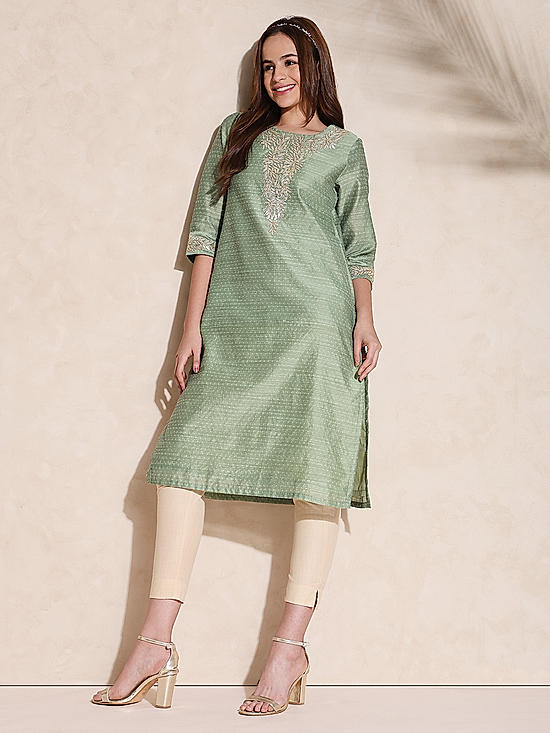 Green Chanderi Printed Kurta