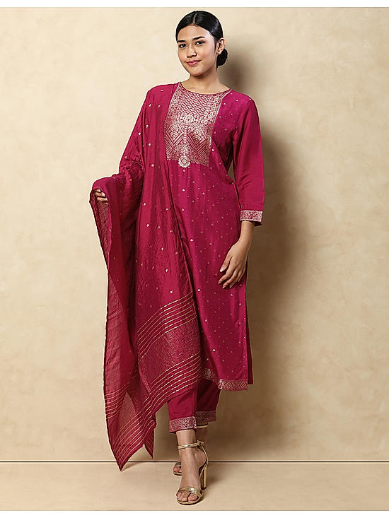 Dark Pink Printed Kurta Set