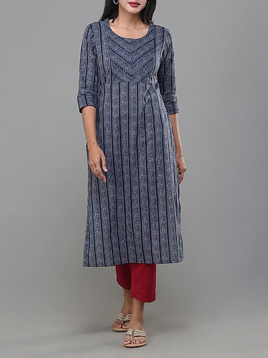 Navy blue 60's cotton printed kurti with seequins work