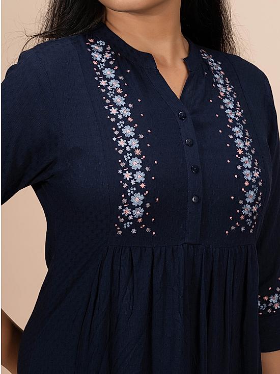 Navy blue rayon dobby kurti with embroidery