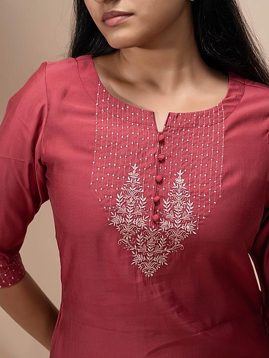 Solid pink modal chanderi kurti with embroidery