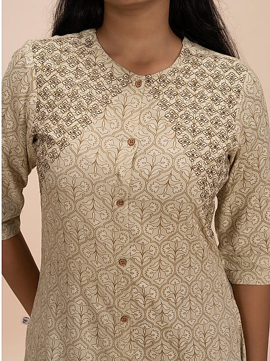 Beige viscose printed kurti with embroidery