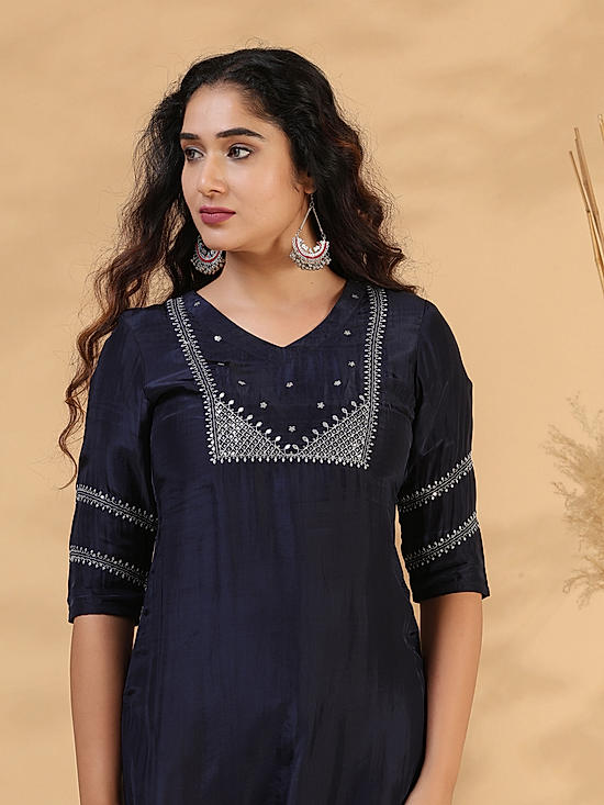 Dark blue muslin kurti with embroidery