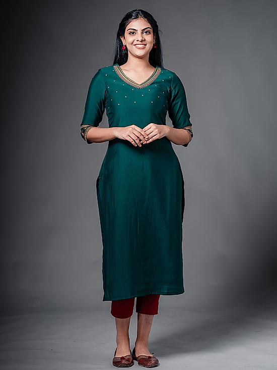 Bottle green viscose blend kurti with embroidery