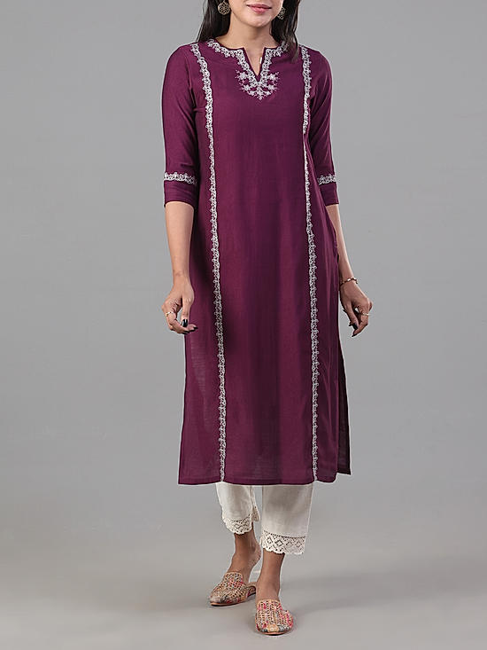 Purple denting viscose kurti with embroidery