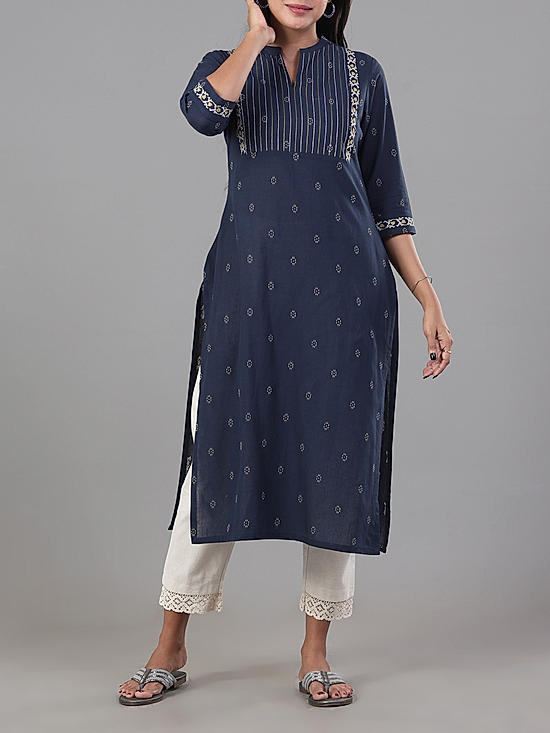 Navy blue cotton dobby kurti with embroidery