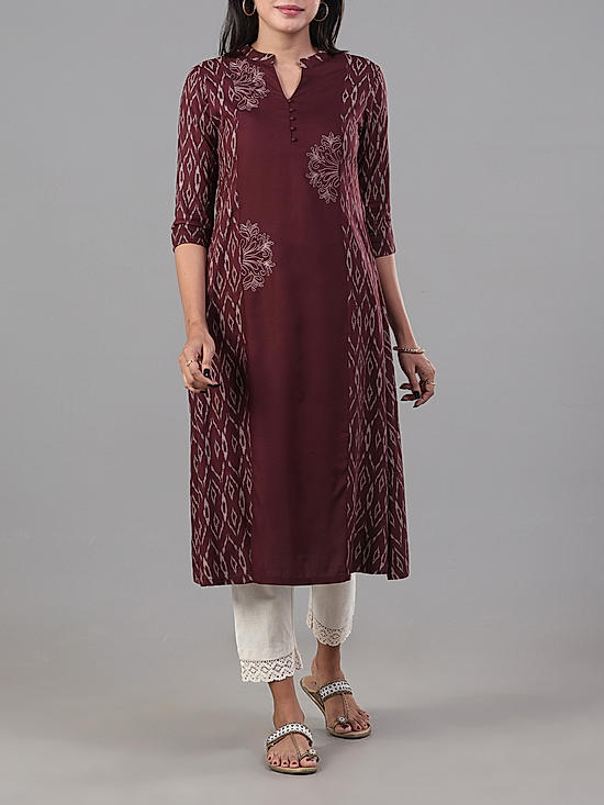 Coffee brown viscose printed kurti with embroidery