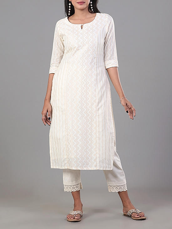 Ivory cotton jacquard kurti with princess cut