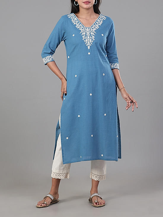 Light blue cotton slub kurti with embroidery