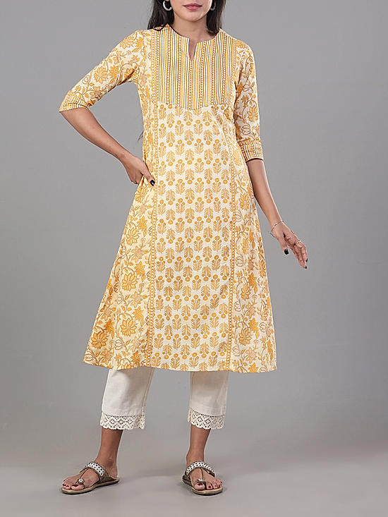 White 60's cotton printed kurti with embroidery