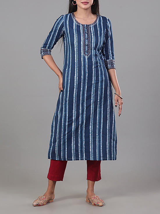 Denim blue 60's cotton printed kurti with embroidery