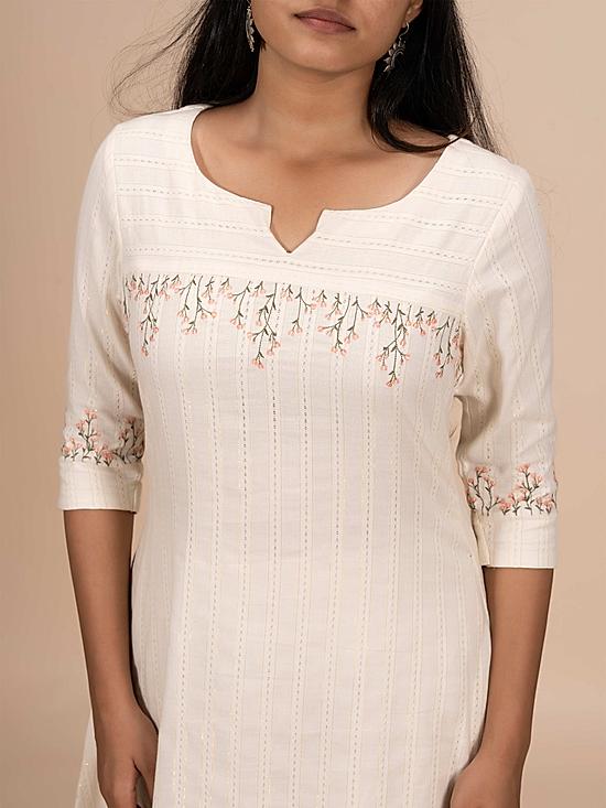 Off-white cotton dobby kurti with minimal embroidery