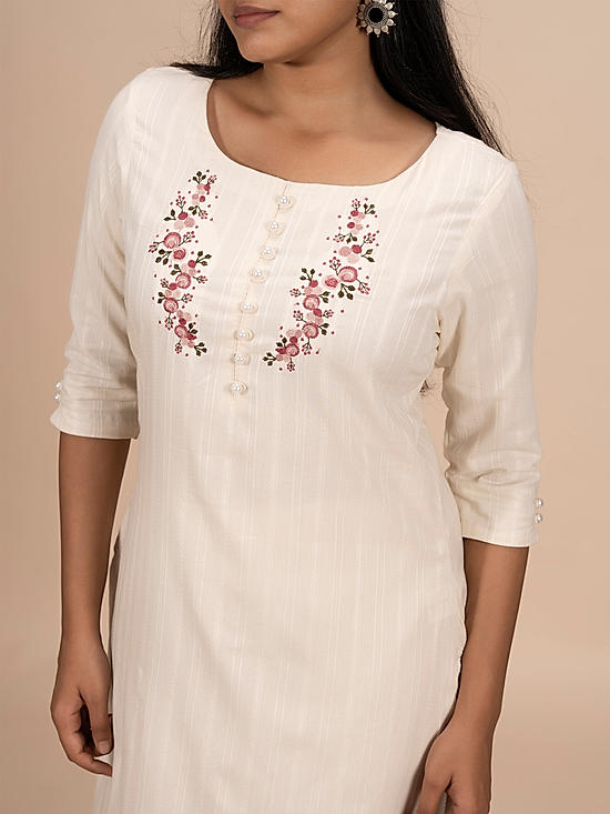 Off white cotton dobby kurti with embroidery